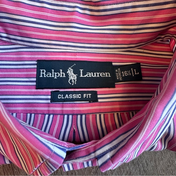 Ralph Lauren Shirt Men's L (16 1/2) Pink & Blue Stripe Classic Fit Button Down - Picture 9 of 9